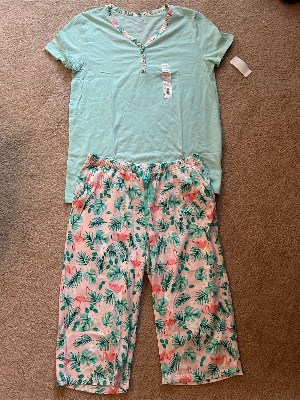 croft & barrow Mint Green Top with Tropical Flamingo Capri Pajama Set NWT